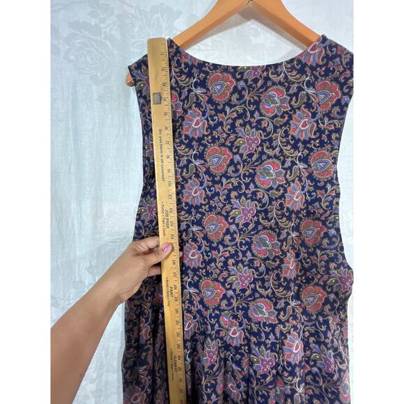 Via Sant Andrea Dress 18 Navy Blue Floral Made in USA Apron Button Sides Jumper - Picture 10 of 11